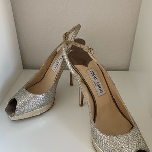 Silver and gold peep toe Jimmy Choo heels